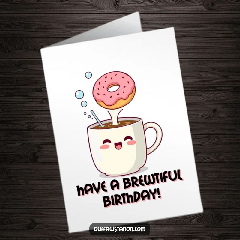 Funny Free Printable Birthday Card: Coffee mug enthusiastically belching bubbles at a floating donut, perfect for a fun birthday.