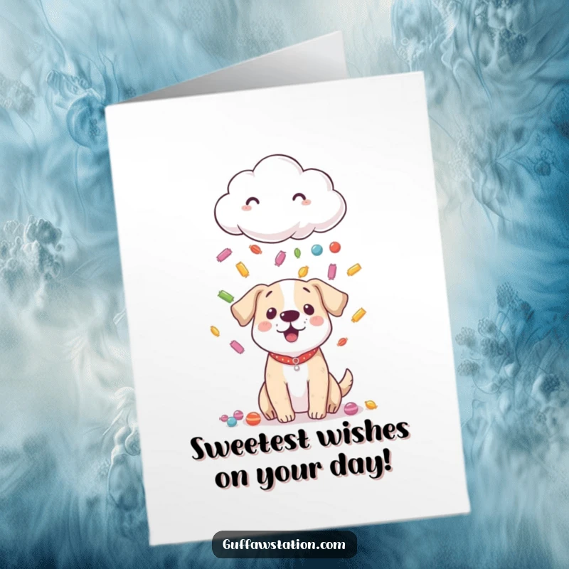 Funny Free Printable Birthday Card: Shy cloud raining candy on a surprised dog, a whimsical birthday wish.