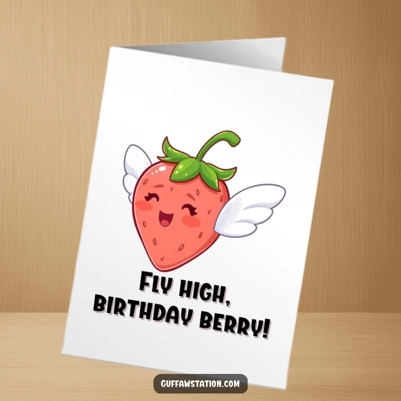 Funny Free Printable Birthday Card: A delighted strawberry with tiny wings attempts to fly joyfully.