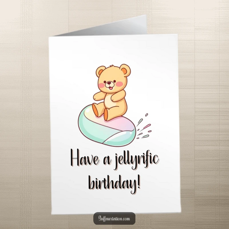 Funny Free Printable Birthday Card: Giggling teddy bear joyfully surfs a giant wobbly jelly bean, pure birthday fun.