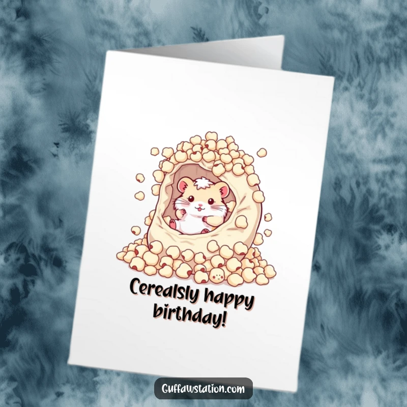 Funny free printable birthday card: A happy hamster rolling around inside a giant, overflowing bowl of cereal, pure joy.