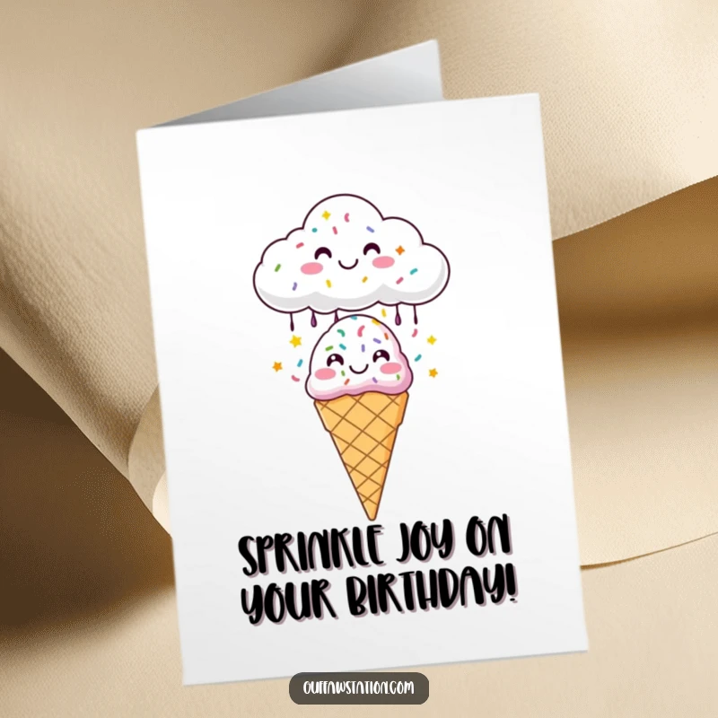 Funny Free Printable Birthday Card: A smiling cloud raining colorful sprinkles onto a joyful ice cream cone, symbolizing celebration.