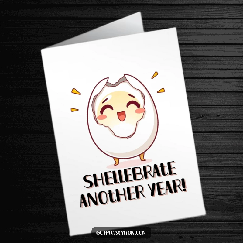Funny Free Printable Birthday Card: Startled egg character splitting in half, eyes wide with shock and glee.