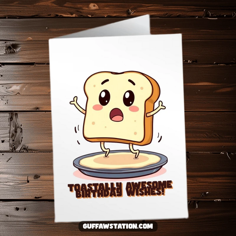 Funny Free Printable Birthday Card: A surprised slice of toast with legs jumps onto a buttered pan, mid-panic.
