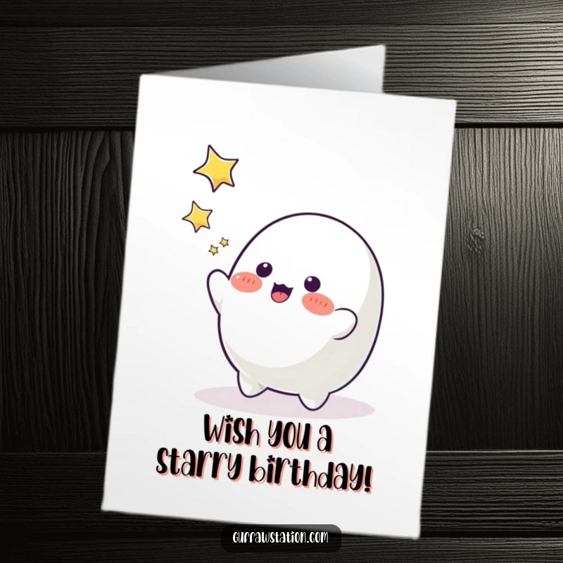 Funny Free Printable Birthday Card: A playful blob character reaching for falling stars with a happy expression.
