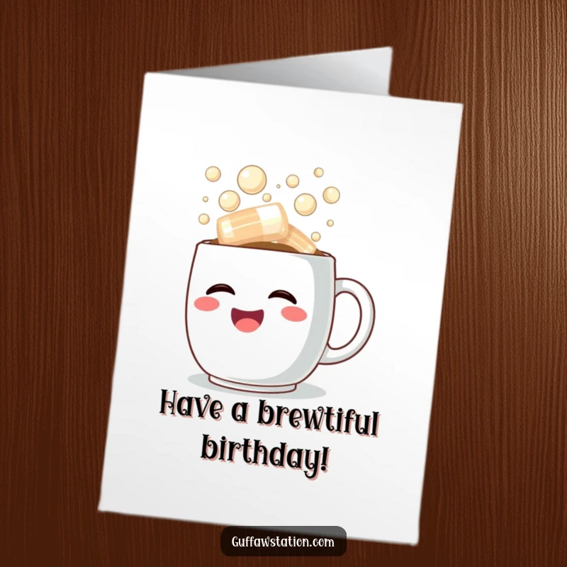 Funny Free Printable Birthday Card with a happy coffee mug overflowing with steaming, bubbly laughter for a joyful celebration.
