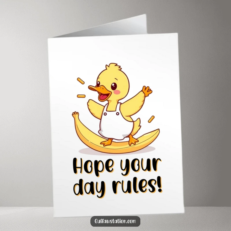 Funny Free Printable Birthday Card: Duck in apron trips on banana peel, sending fries flying dramatically everywhere.
