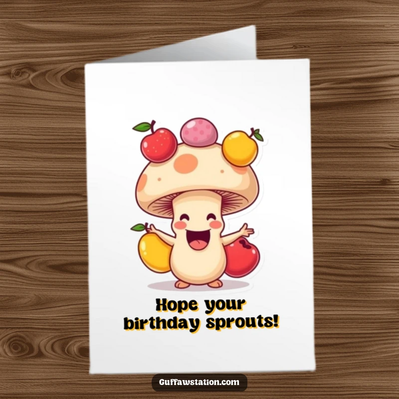 Funny Free Printable Birthday Card: A happy mushroom with a wide grin joyfully juggling colorful fruits.