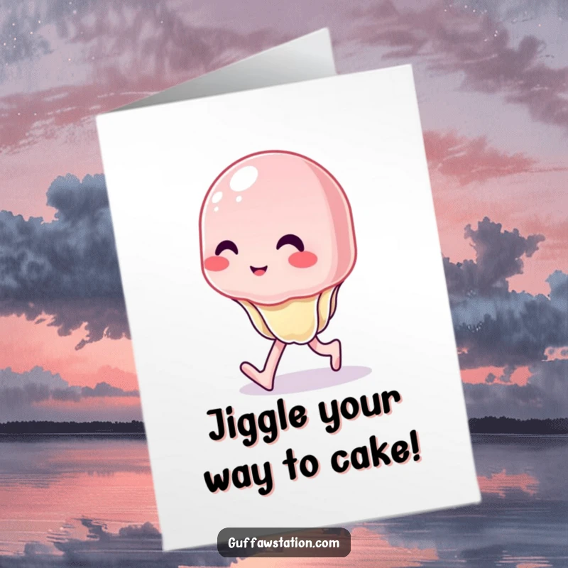 Funny Free Printable Birthday Card: A wobbly jelly hilariously attempts to walk, arms flailing, with pure determination.
