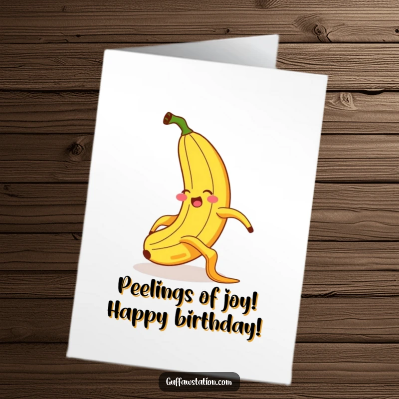 Funny Free Printable Birthday Card: A giggling banana comically slips on a banana peel, radiating pure, exaggerated joy.