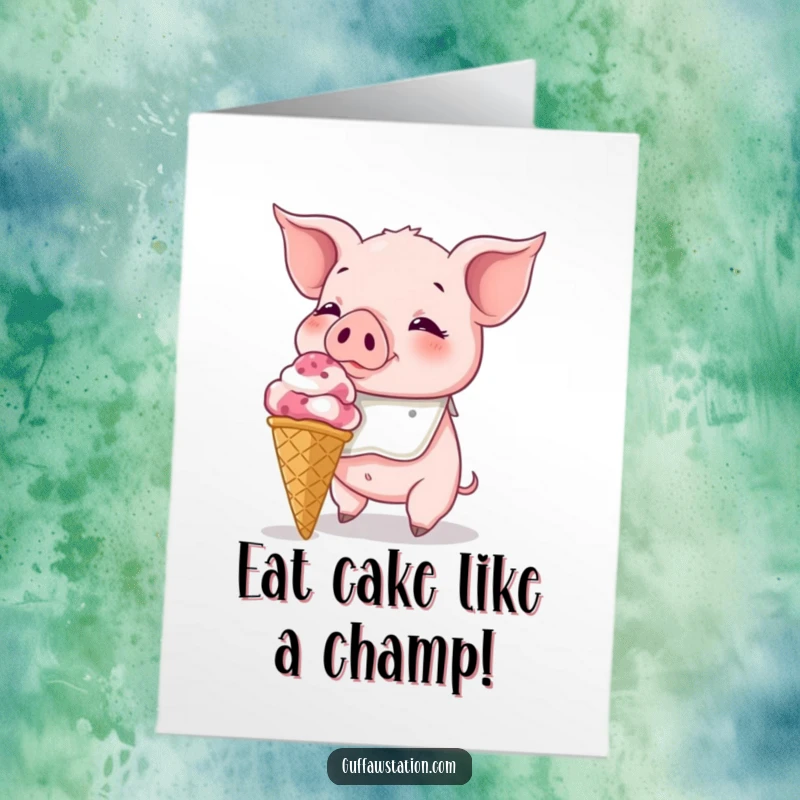 Funny Free Printable Birthday Card: Piglet with a bib joyfully attempting to eat a comically enormous ice cream cone.