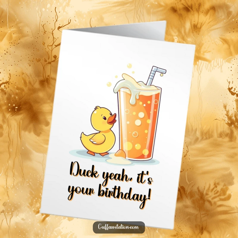 Funny free printable birthday card showing a curious rubber ducky attempting to drink from a huge, fizzy soda.