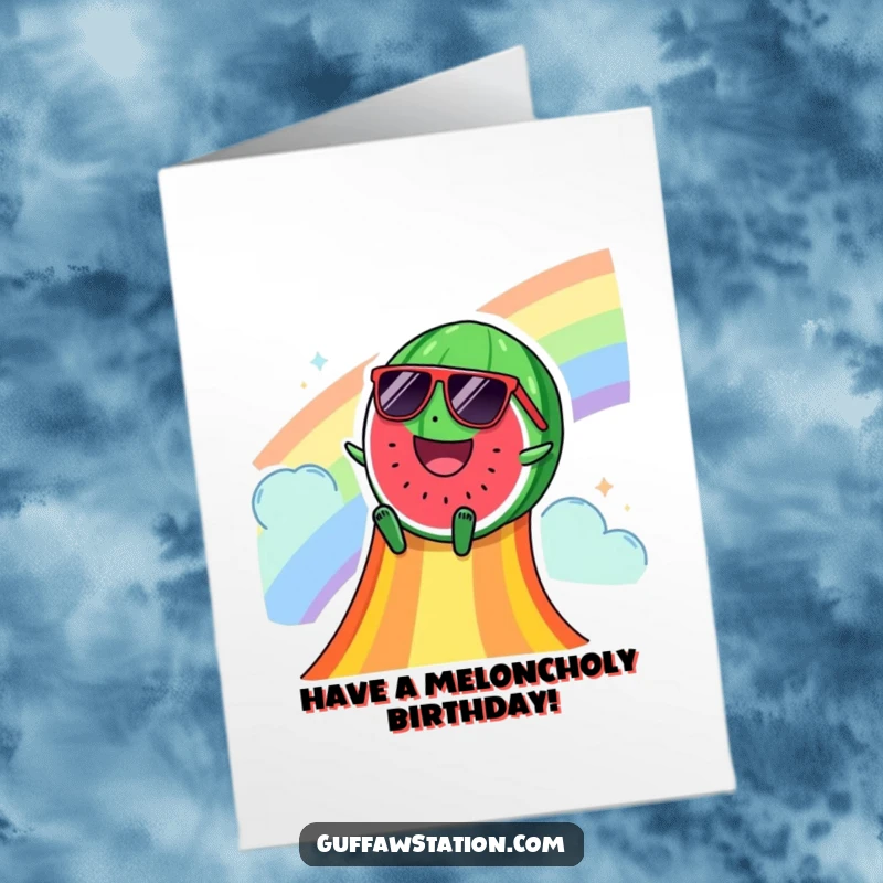 Funny Free Printable Birthday Card: Happy watermelon in sunglasses sliding down a rainbow, bringing cool birthday vibes.