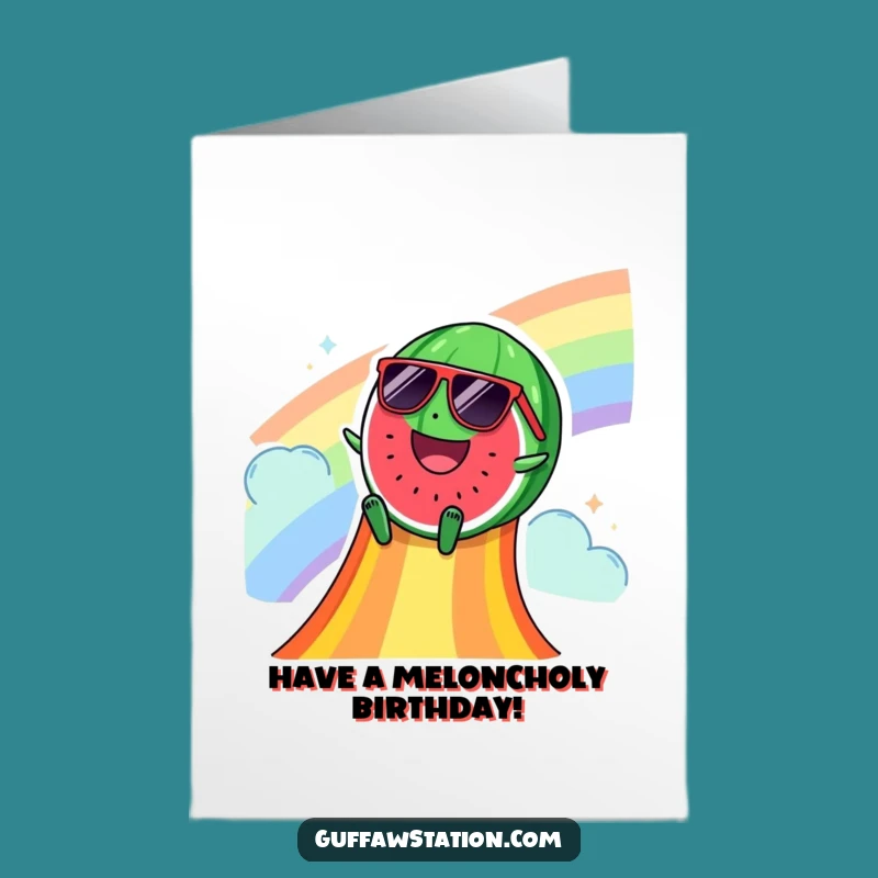 Free Printable Funny Watermelon Birthday Card: Cool Vibes with a Rainbow Sliding Treat