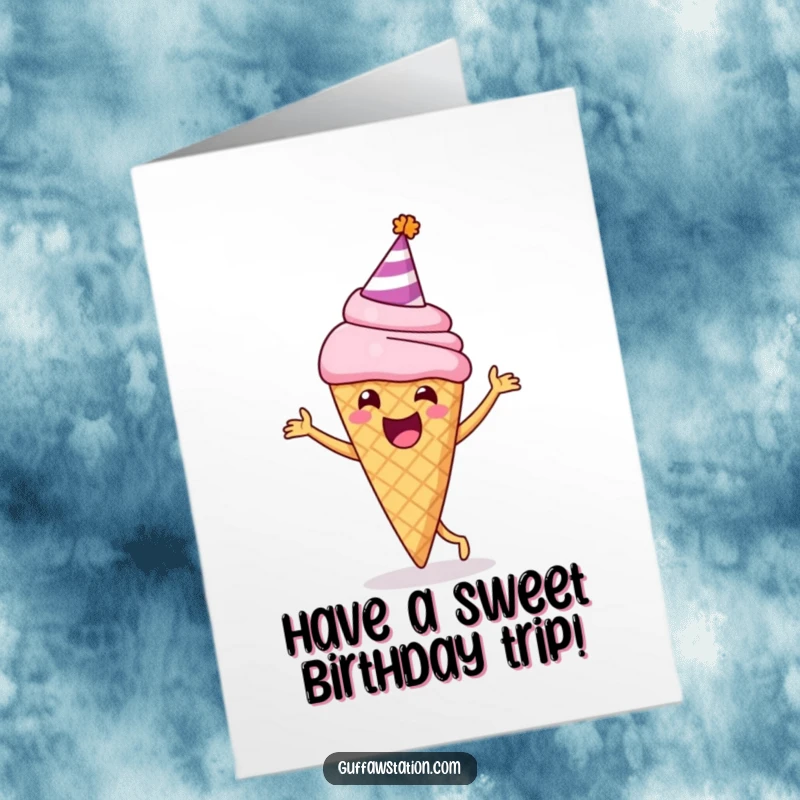 Funny Free Printable Birthday Card: Delighted ice cream cone in party hat doing a happy dance, celebrating joyfully.