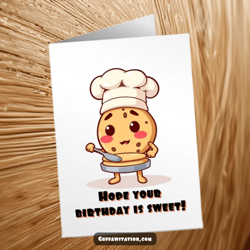 Funny Free Printable Birthday Card: A determined cookie in a chef hat expertly flips pancakes for a birthday.
