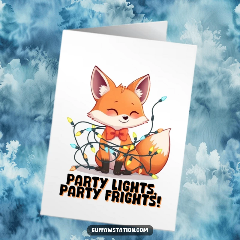 Funny Free Printable Birthday Card: A bowtie-wearing fox is comically tangled in festive lights.