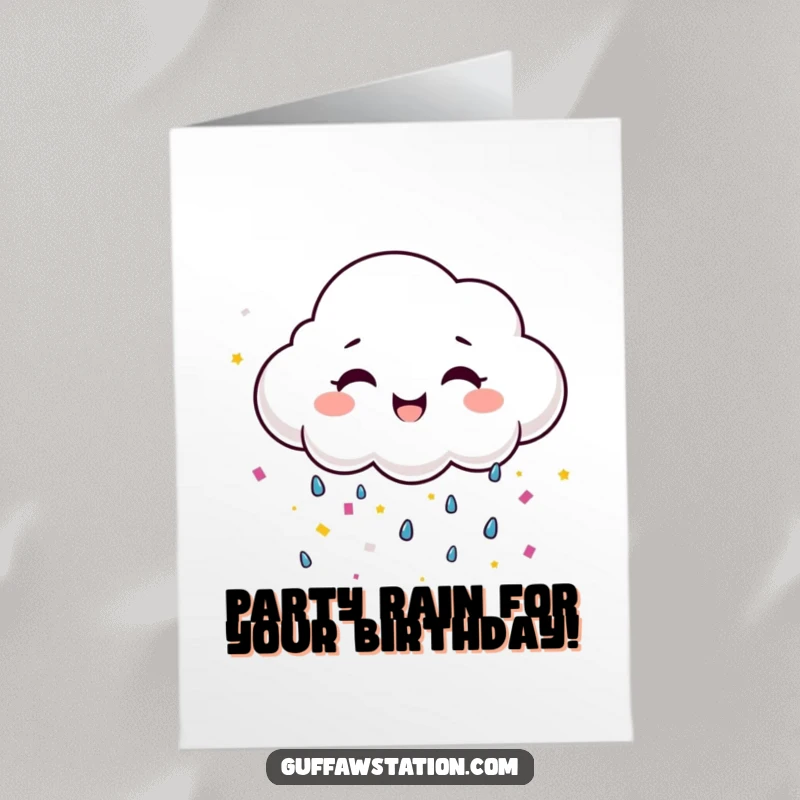 Funny Free Printable Birthday Card: A smiling cloud cries tears of colorful confetti, celebrating a birthday.