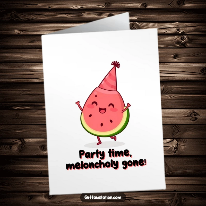 Funny Free Printable Birthday Card: A happy slice of watermelon in a party hat dances joyfully.