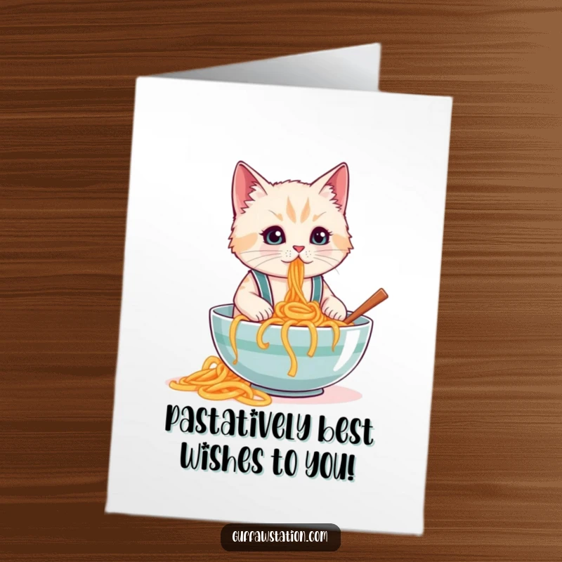 Funny Free Printable birthday card: A cat in tiny suspenders looking shocked as it spills a giant bowl of spaghetti.