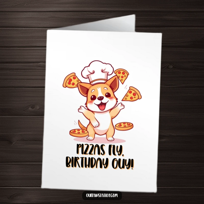 Funny free printable birthday card: Dog chef in hat attempting to juggle three flying pizzas, a chaotic culinary delight.