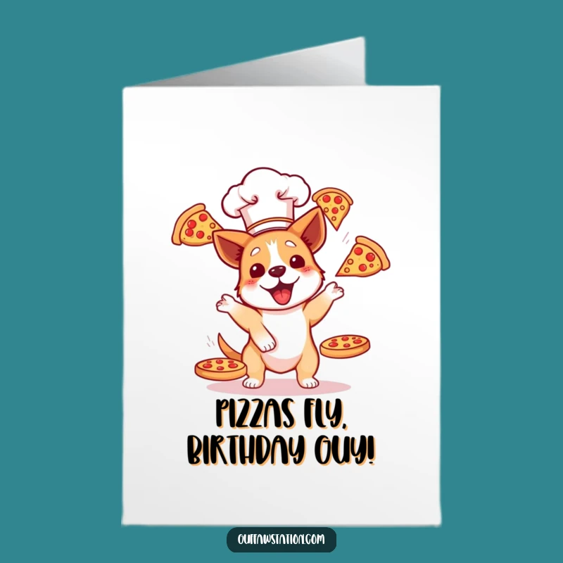 Free Printable Birthday Card: Funny Dog Chef Juggling Pizzas Downloadable Gift