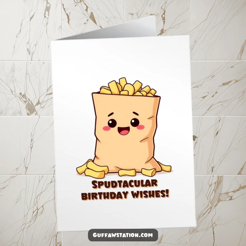 Funny Free Printable Birthday Card: A mischievous potato character peeking out from behind a giant bag of crunchy potato chips.