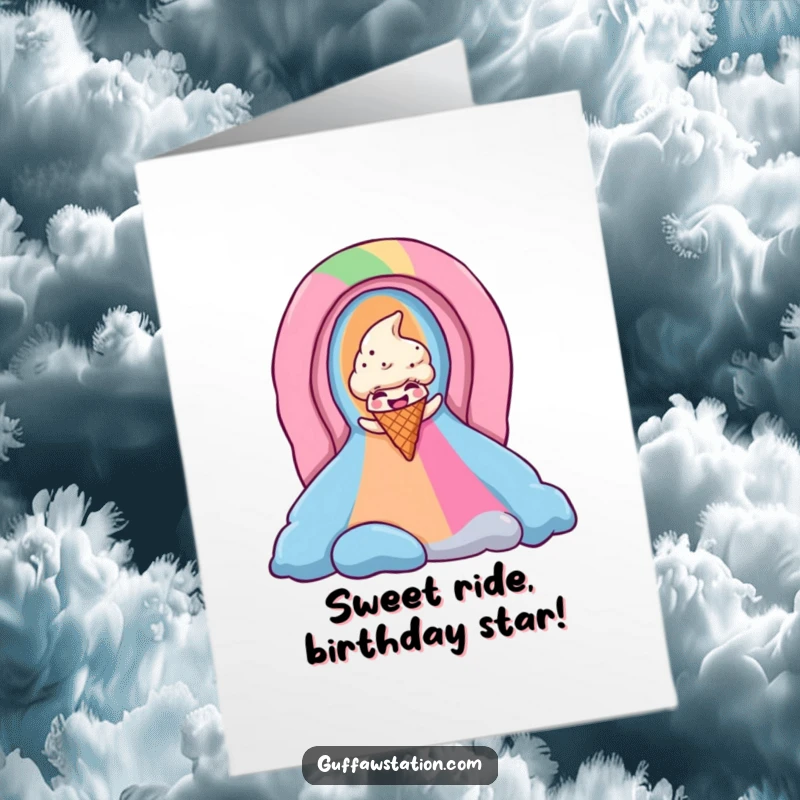 Funny Free Printable Birthday Card: Giggling ice cream cone joyfully sliding down a vibrant rainbow chute, spreading sweet birthday wishes.