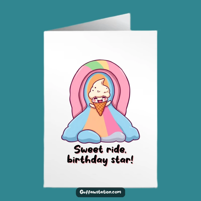 Free Printable Birthday Card: Giggling Ice Cream Cone Slides Rainbow Fun!