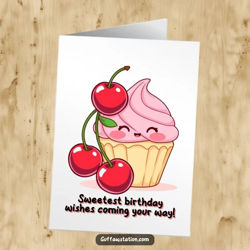 Funny Free Printable birthday card showing a blushing cupcake attempting to conceal itself behind an oversized, bright red cherry.