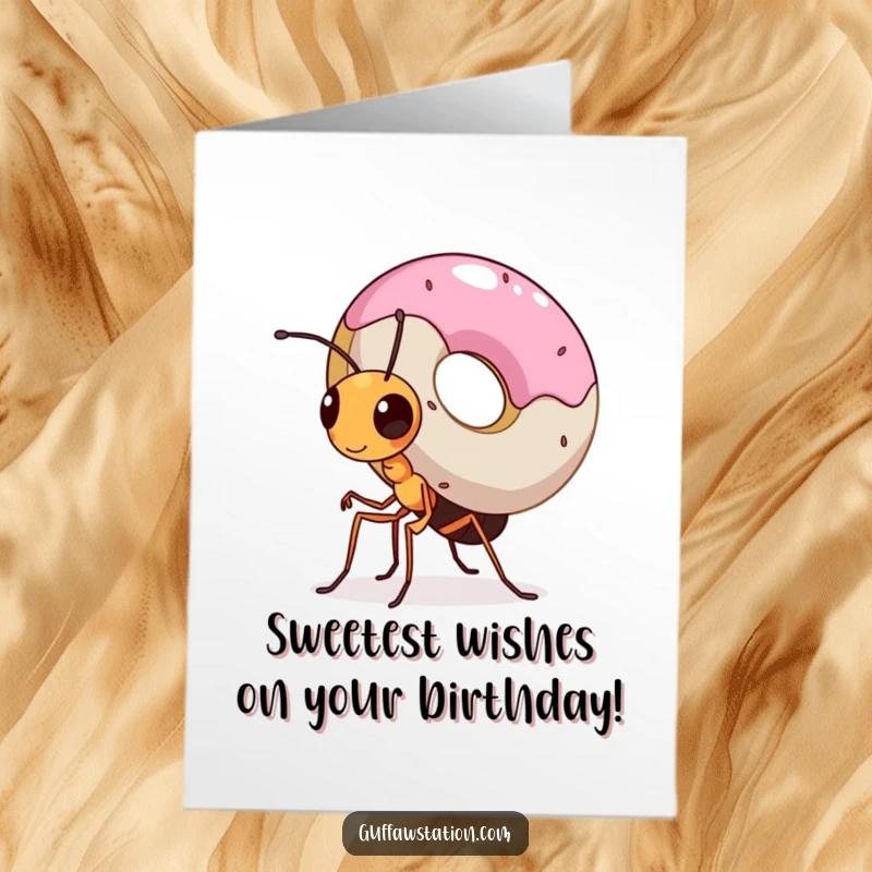Funny Free Printable Birthday Card: A tiny, determined ant struggles but succeeds carrying a donut much larger than itself, a sweet birthday wish.