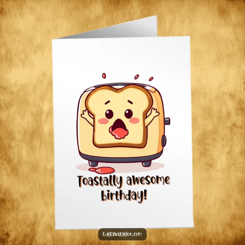 Funny Free Printable birthday card, a surprised slice of toast dramatically leaping from a toaster with jam splattered, celebrating.
