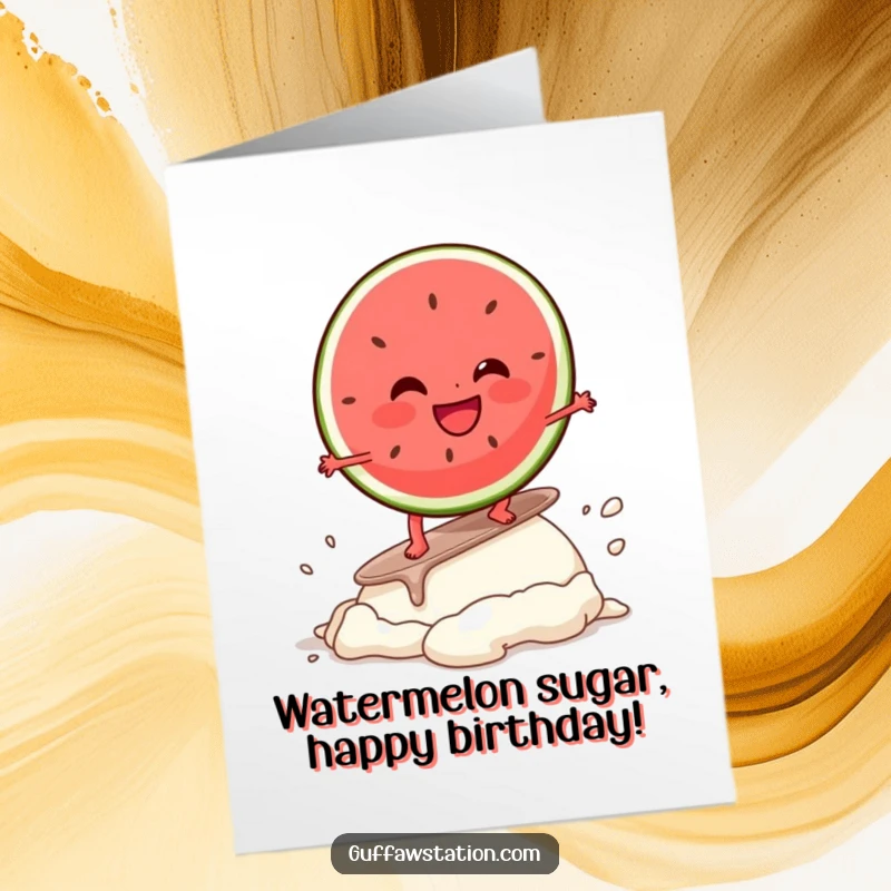 Funny Free Printable Birthday Card: Giggling watermelon surfer riding a melting ice cream wave, pure joy and chaos.