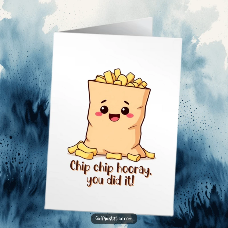 Funny Free Printable Congratulations Card: A mischievous potato character hiding behind a massive bag of chips, celebrating a win.