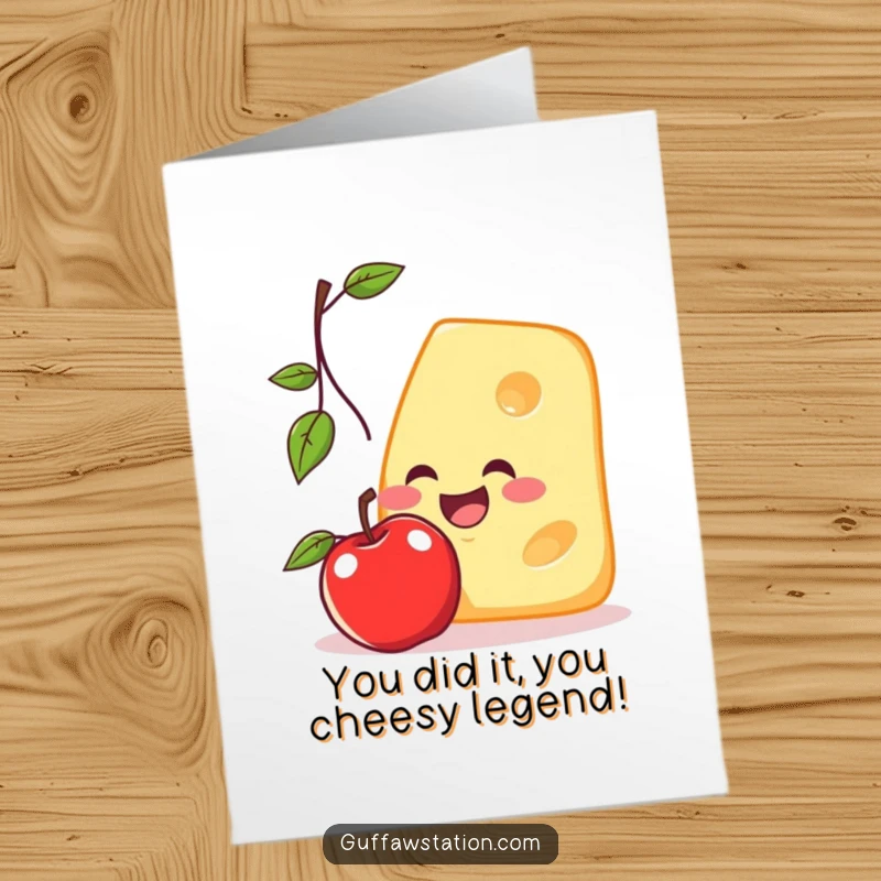 Funny Free Printable Congratulations Card: Cheese slice leaps for an apple, celebrating achievement with humor.