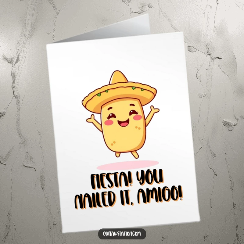 Funny Free Printable Congratulations Card: A happy taco dons a sombrero and dances joyfully, celebrating a fabulous accomplishment.