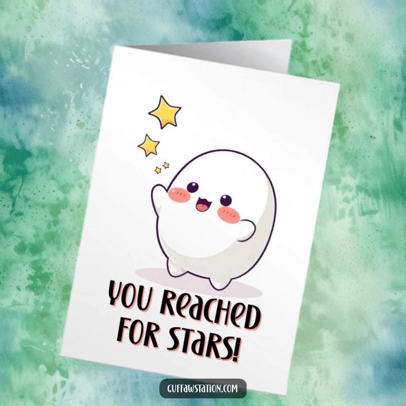 Funny Free Printable Congratulations Card: A cheerful blob character attempts to catch falling stars, celebrating success.