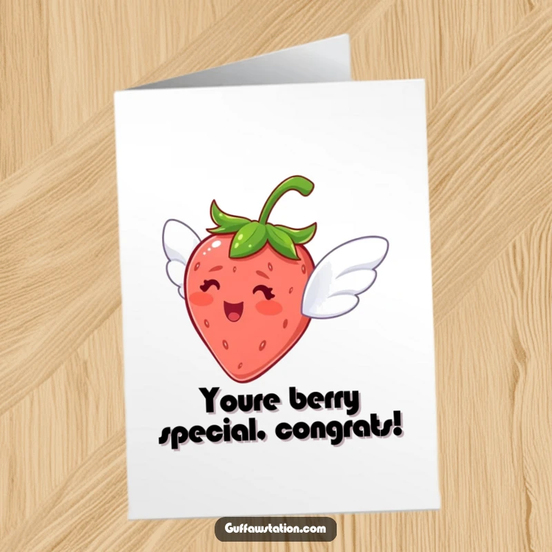 Funny Free Printable Congrats Card: A delighted strawberry with tiny wings flies, celebrating success.