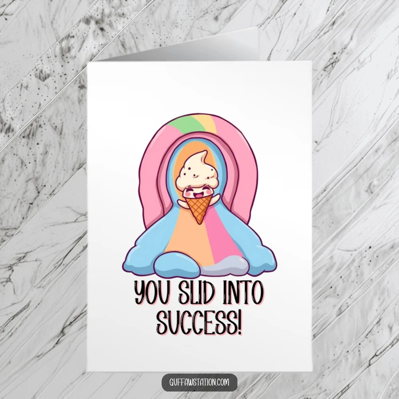 Funny Free Printable Congratulations Card: A giggling ice cream cone slides down a vivid rainbow, celebrating exciting news with pure glee.