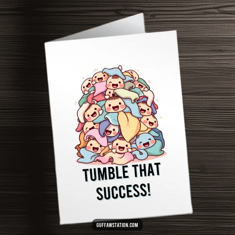 Funny Free Printable Congratulations Card: A heap of clothes with smiling faces tumbling around joyfully.