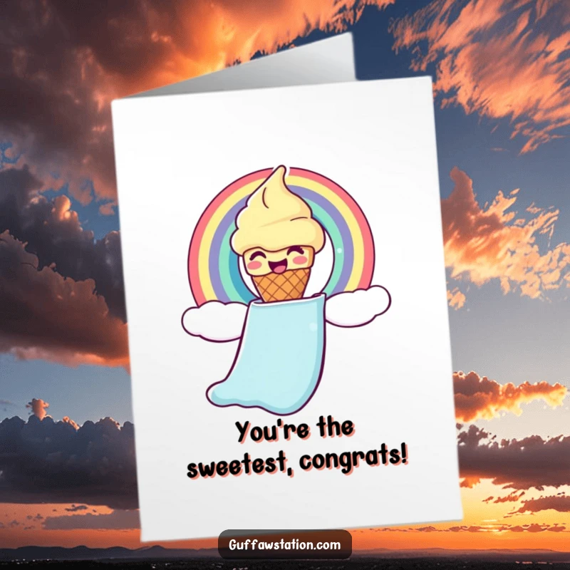 Funny Free Printable Congratulations Card: A giggling ice cream cone slides with glee down a colorful rainbow chute.