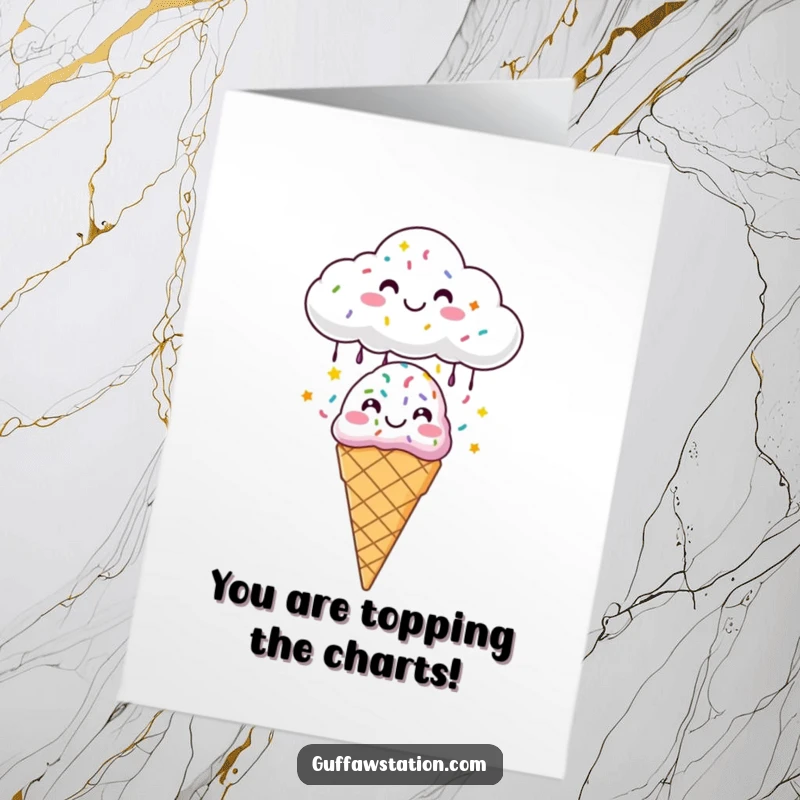 Funny Free Printable Congratulations Card: A happy cloud raining colorful sprinkles down on a delighted ice cream cone, marking a special occasion.