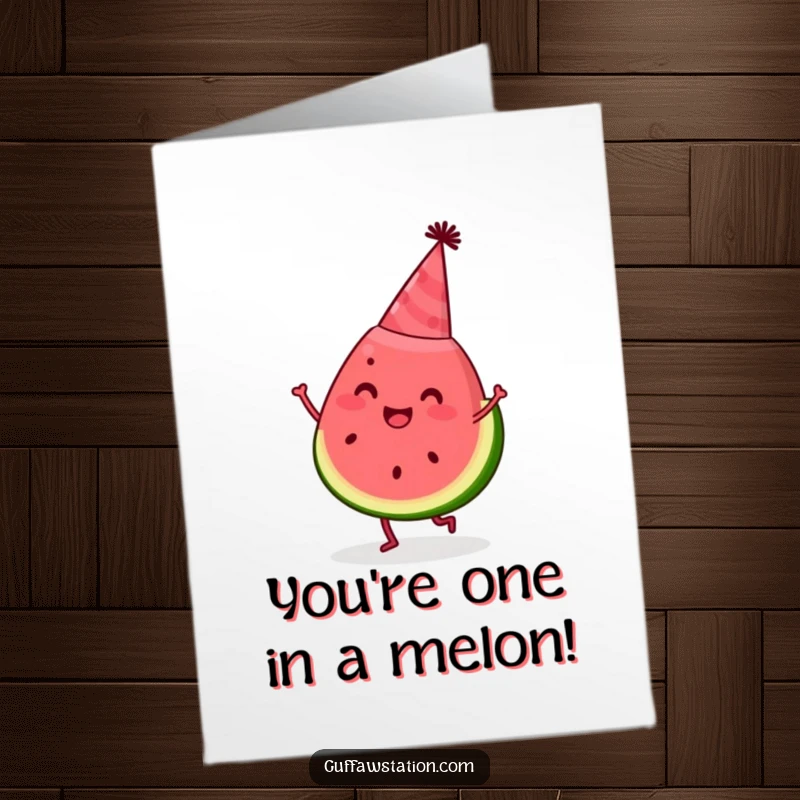 Funny Free Printable Congratulations Card: A happy watermelon slice wearing a party hat is shown dancing.