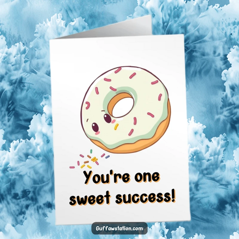 Funny Free Printable Congratulations Card: Clumsy donut character rolling, leaving sprinkles, celebrating a sweet success.