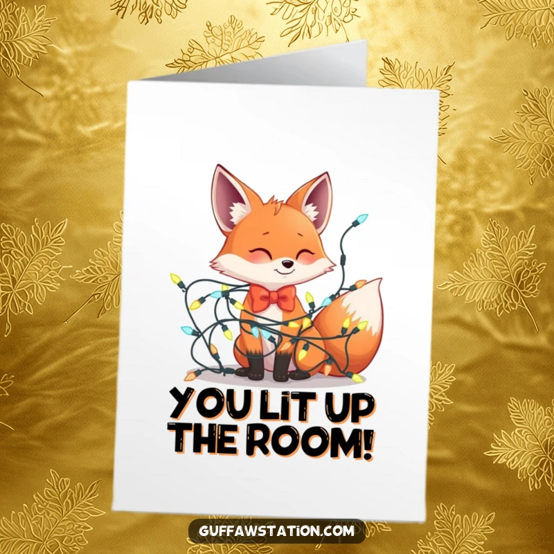 Funny Free Printable Congratulations Card: A bowtie-wearing fox struggles comically with tangled festive lights.