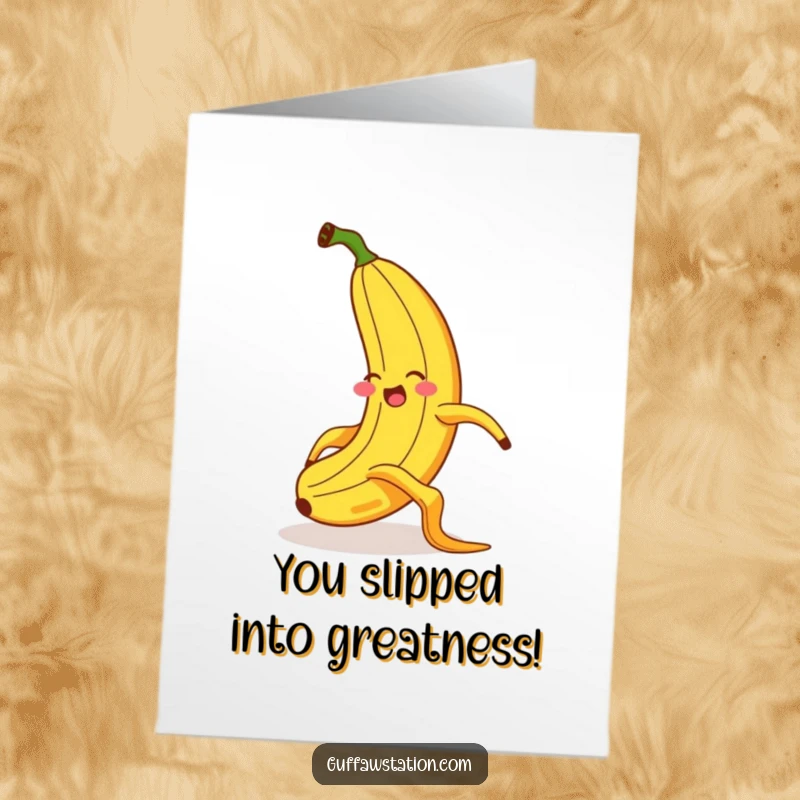 Funny Free Printable Congratulations Card: A giggling banana performs an exaggerated slip on a banana peel, signaling a funny congrats.