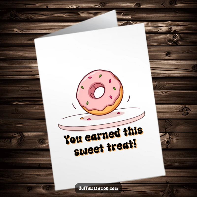 Funny Free Printable Congratulations Card: Wobbly donut hilariously falling off a table to mark a big achievement.