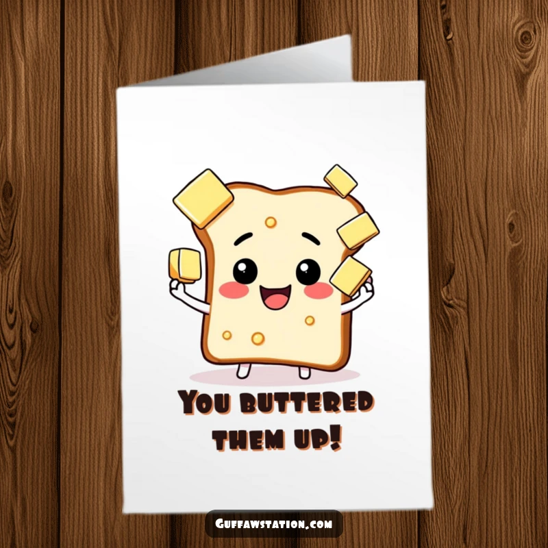 Funny Free Printable Congratulations Card: A slice of toast juggling butter pats with impressive focus and a smile.