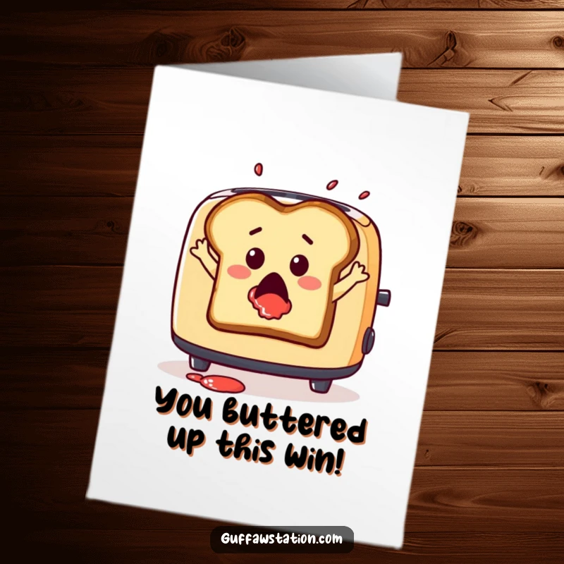 Funny Free Printable congratulations card, a piece of toast leaping from a toaster with jam splatter, signifying a jump to success.