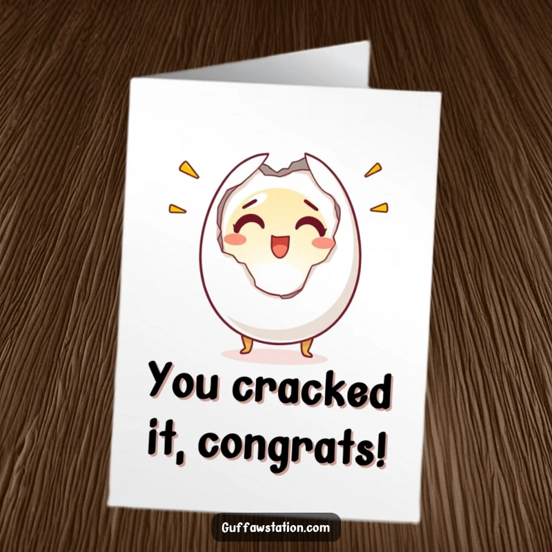 Funny Free Printable Congratulations Card: Startled egg cracking open, expressing a mix of shock and pure joy.